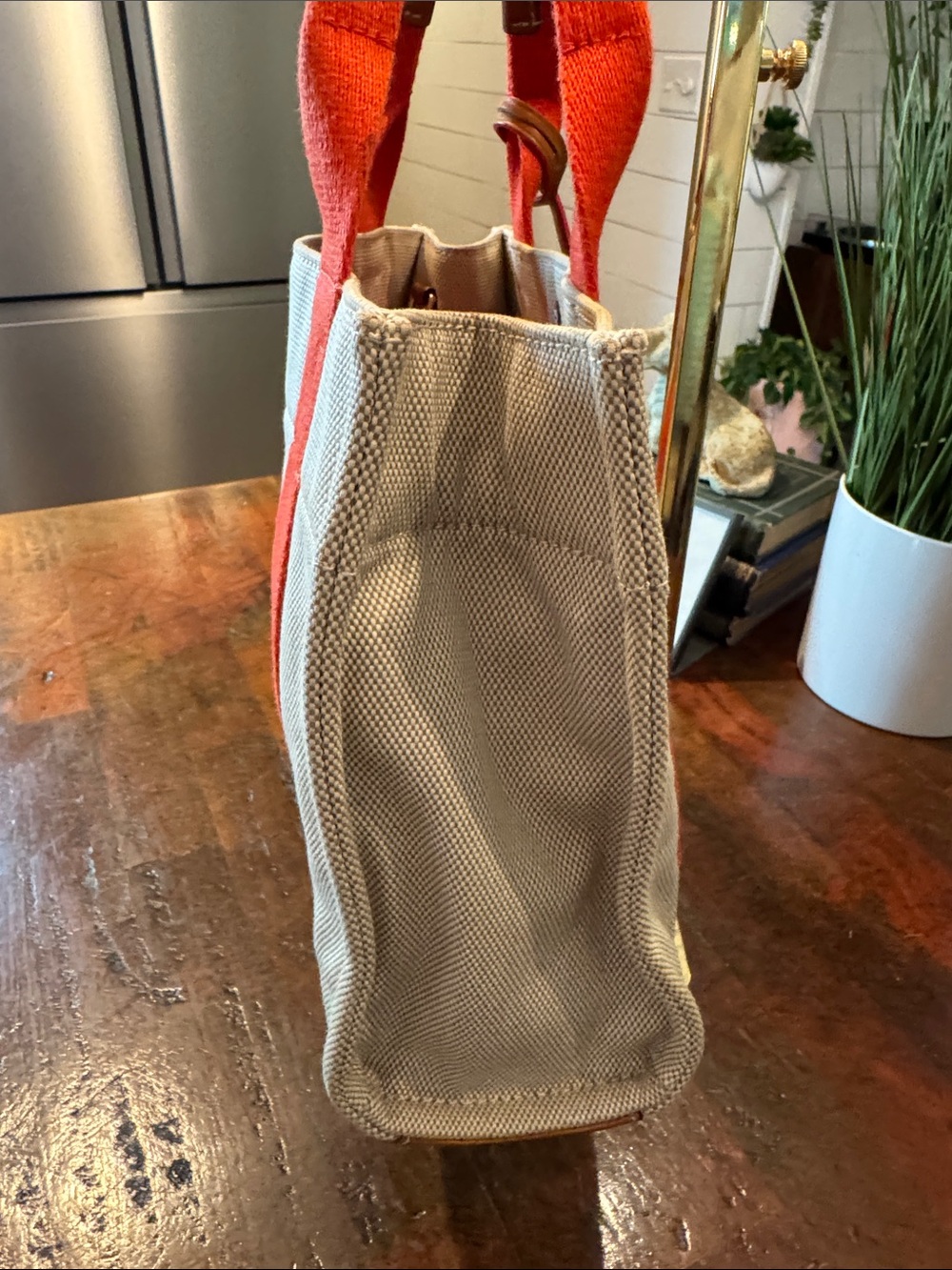 Tory Burch Canvas Tote with Red Straps and oversized Charm - Picture 5 of 13